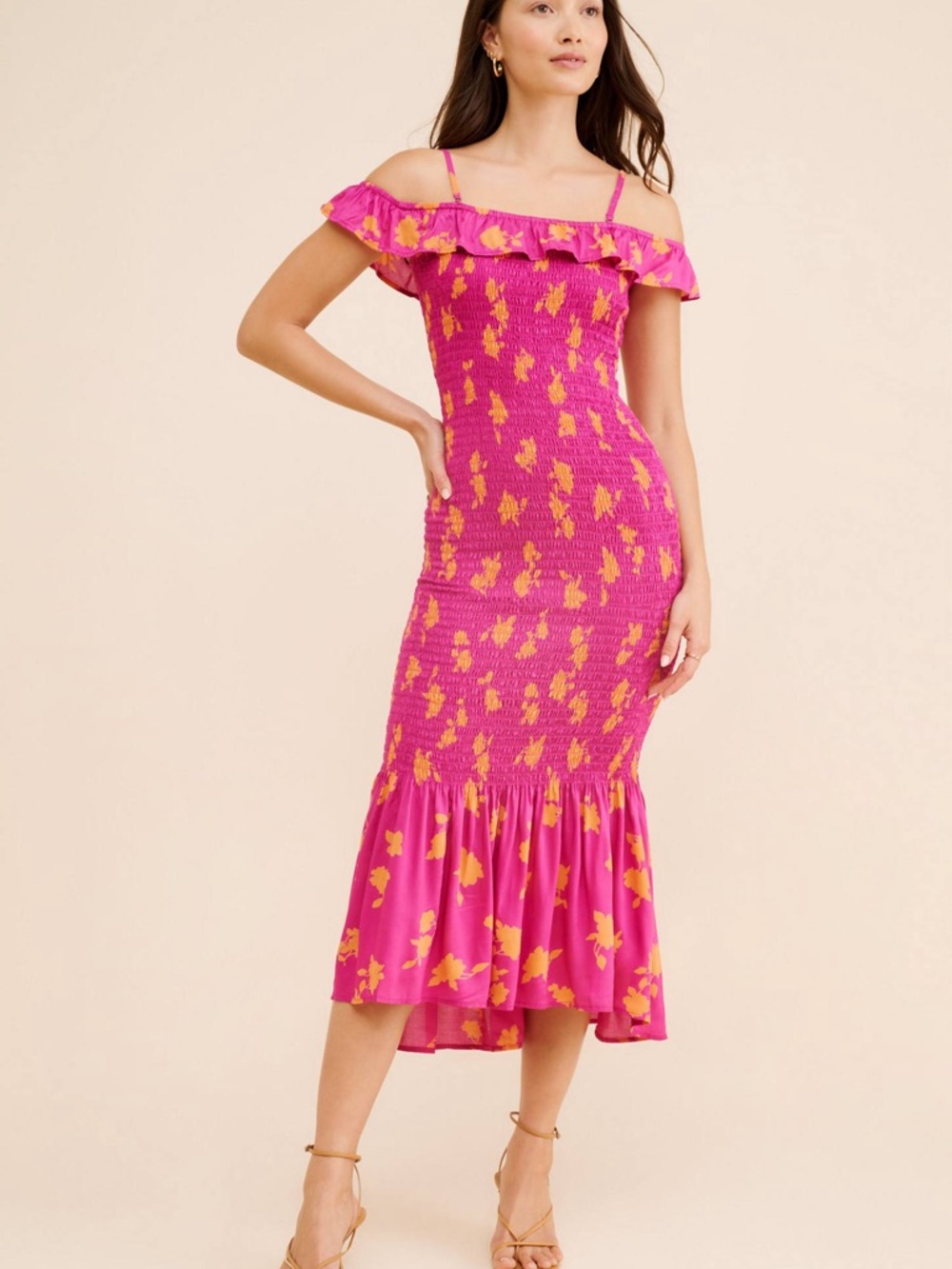 By Anthropologie Floral Pink Off-Shoulder Midi Dress Summer Wedding XXS - Picture 2 of 11
